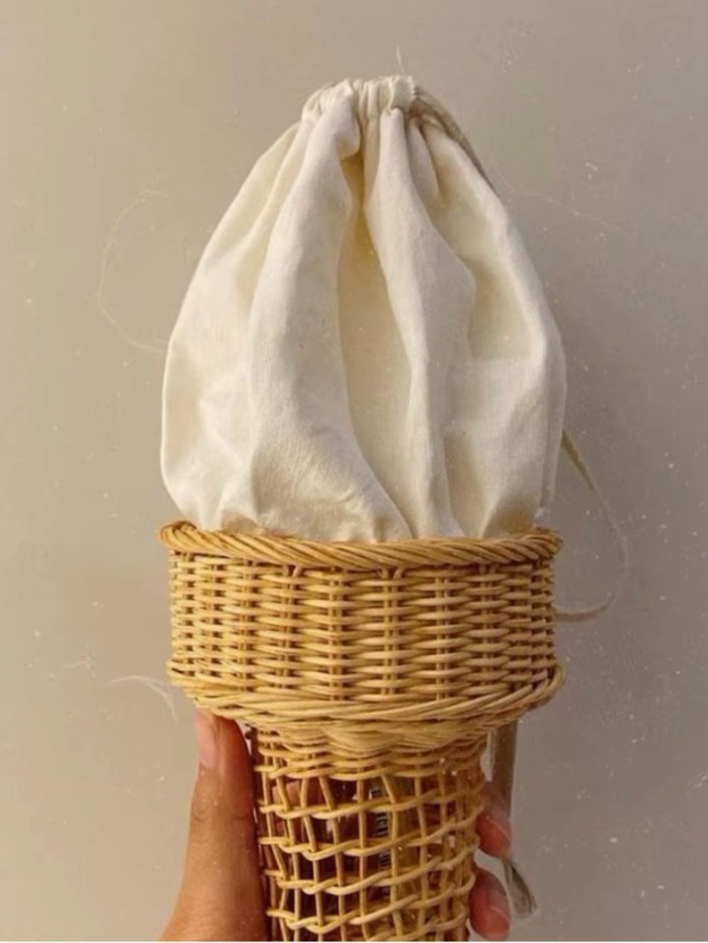 Woven Rattan Cone Crossbody Bag with Cream Drawstring Top
